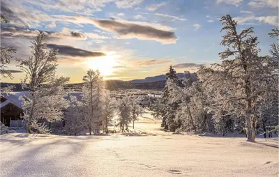 a snow covered yard with trees and the sun in the distance at 3 Bedroom Nice Home In Venabygd in Venabygd