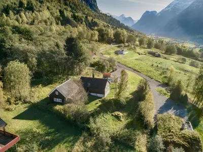 an aerial view of a village in the mountains at Chalet Eiketun by Interhome in Olden