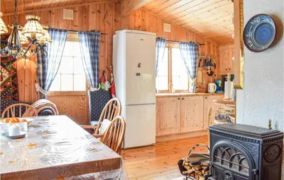 a kitchen with a refrigerator and a table with a stove at Cozy Home In Rauland With Wifi in Rauland
