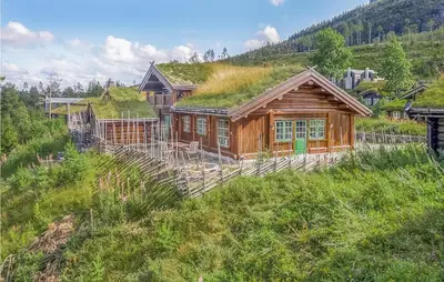 a log cabin with a grass roof on a hill at 4 Bedroom Stunning Home In Hemsedal in Hemsedal