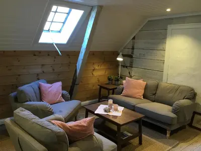 a living room with two couches and a table at Old town boutiqe apartments/ Gamle Lærdalsøyri boutique leiligheter in Lærdalsøyri