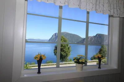 a window with two vases on a window sill with flowers at Bellahuset in Sæbø