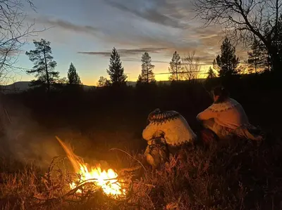 two people sitting around a fire in a field at Ryen Hytteutleie - Cottages in Røros