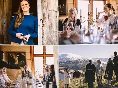 a collage of photos of people at a table with wine glasses at Secluded Mountain Retreat-By Traum in Vassenden