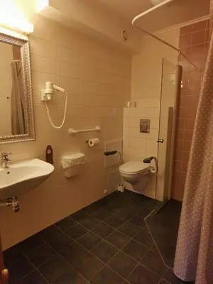 a bathroom with a sink and a toilet and a shower at Sanner Hotell in Gran