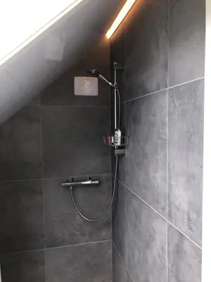 a shower with a shower head in a bathroom at Tunold Gård - Freden in Stryn