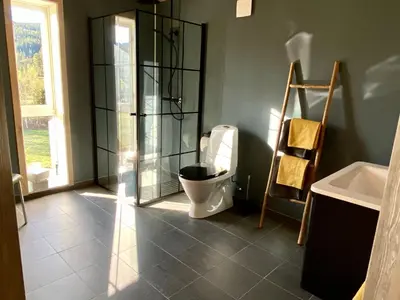 a bathroom with a toilet and a glass shower at Tuddal Hyttegrend HYTTA KÅNS in Tuddal