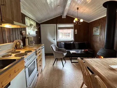 a kitchen and living room with a stove and a table at Harekroken in Tynset