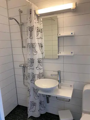 a bathroom with a sink and a shower curtain at EIDE Gjestehus in Eide