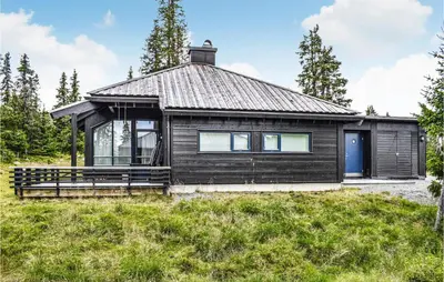 a wooden house with a roof on top of a field at Stunning Home In Sjusjøen With Sauna in Sjusjøen