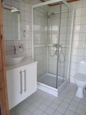 a bathroom with a shower and a sink and a toilet at Gammelstuggu in Bjorli