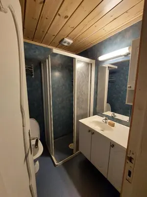 a bathroom with a shower and a sink and a toilet at STORHAUGEN GARD in Lom