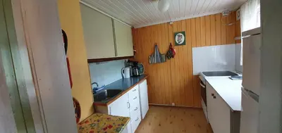 a small kitchen with a sink and wooden walls at Midtgard in Tyinkrysset