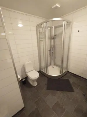 a bathroom with a shower and a toilet at Leinastova in Sandshamn