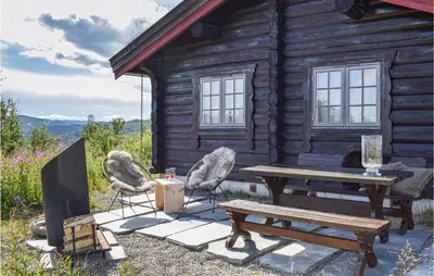 a log cabin with a picnic table and chairs at 3 Bedroom Amazing Home In Uvdal in Uvdal