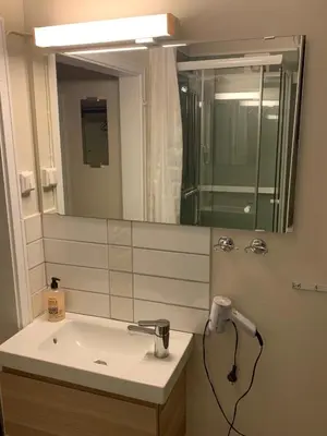 a bathroom with a sink and a mirror at Private house-terrace-garden -parking-WiFi-smartTV in Trondheim
