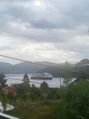 a cruise ship in a large body of water at Bergen Apartment with Fjord View in Isdalsstø