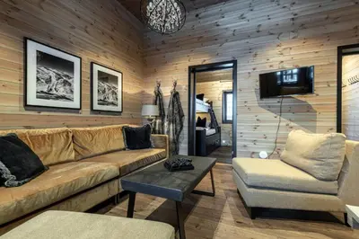 a living room with a couch and a tv at Skigaarden in Hemsedal