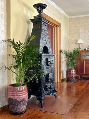a black stove in a room with two potted plants at Apotekbygget in Nesbyen