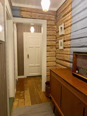 a hallway with a white door and a wooden wall at Apotekbygget in Nesbyen