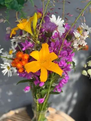 a glass vase filled with colorful flowers at Bjørkli Lodge in Geilo