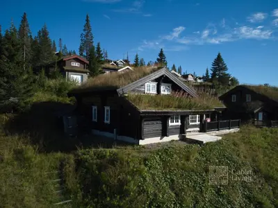 a house with a grass roof on top of a hill at Large family cabin in Hafjell ski in-out, BBQ, terrace and fireplace in Hafjell