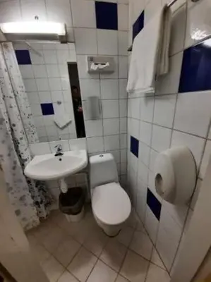 a small bathroom with a toilet and a sink at Sunndalsøra Hotell in Sunndalsøra