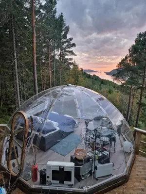 a igloo house with a room in the woods at Glassigloo med panoramautsikt - Nordlys og stjernehimmel - Fosen in Husby