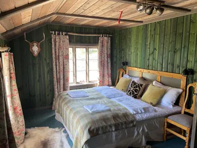 a bedroom with a bed in a room with green walls at Reinheimen Lodge in Skjåk