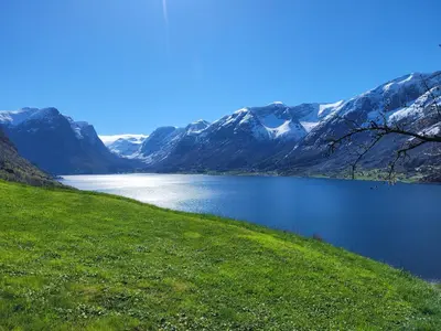 a view of a lake with mountains in the background at Flohytta in Stryn