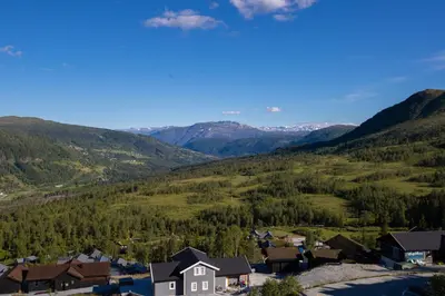 an aerial view of a small village in the mountains at Hodlekve Panorama 5 - amazing view in Sogndal