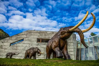 a statue of elephants in front of a building at Cabin alongside the beautiful fjærlandsfjord in Fjarland