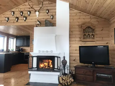 a living room with a fireplace and a tv at Storemyr by Norgesbooking - cabin with amazing view in Hol