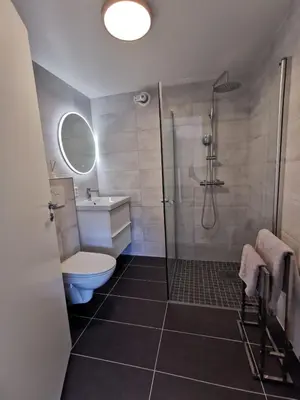 a bathroom with a shower and a toilet and a sink at Nature View Apartment in Espeland in Bergen