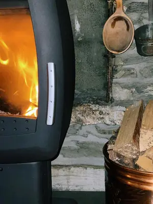 a stove with a fire inside of it at Indreli feriehus in Flåm