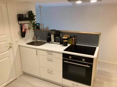 a small kitchen with a sink and a stove at Rødseth gårdsovernatting Dobbeltrom in Molde