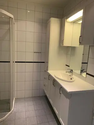 a white bathroom with a sink and a shower at In the middle of Trysil fjellet - Welcome Center - Apartment with 4 bedrooms and sauna - By bike arena and ski lift in Trysil