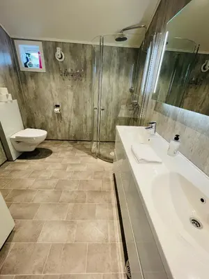 a bathroom with a sink and a shower and a toilet at Fosskamben 1 Moderne hytte ikkje langt frå Sogndal in Sogndal