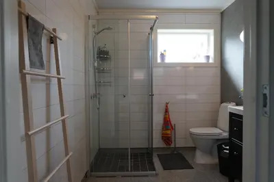 a bathroom with a shower and a toilet at Luxury Norwegian Cottage in Hurdal