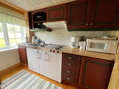 a kitchen with a sink and a microwave at Gammelstua ved Femund in Elga