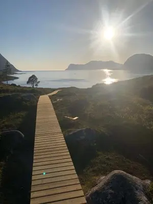 a wooden pathway leading to a lake with the sun at Koselig garasjeloft! in Holen
