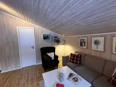 a living room with a couch and a table at Vennebo - Koselig liten hytte med alle fasiliteter in Ål