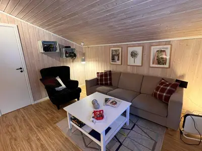 a living room with a couch and a table at Vennebo - Koselig liten hytte med alle fasiliteter in Ål