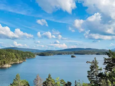 a view of a large lake with trees and mountains at 4 person holiday home in Reksteren-By Traum in Klinkholmen