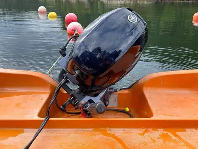 a baby seat in the front of a boat in the water at 4 person holiday home in Reksteren-By Traum in Klinkholmen