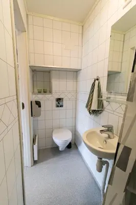 a bathroom with a toilet and a sink at Hamar Vandrerhjem in Hamar