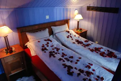 a bedroom with a bed with roses on it at Regnbuegården in Røros