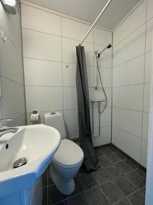 a bathroom with a sink and a toilet and a shower at Lillehammer Camping - Sentrums leilighet in Lillehammer