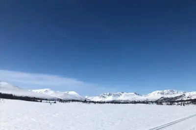 a snow covered field with mountains in the background at Fjellro Mountain Cabin in Oppdal
