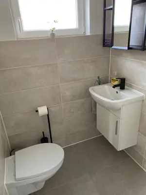a bathroom with a white toilet and a sink at Feriehus med Sjøutsikt in Sætra